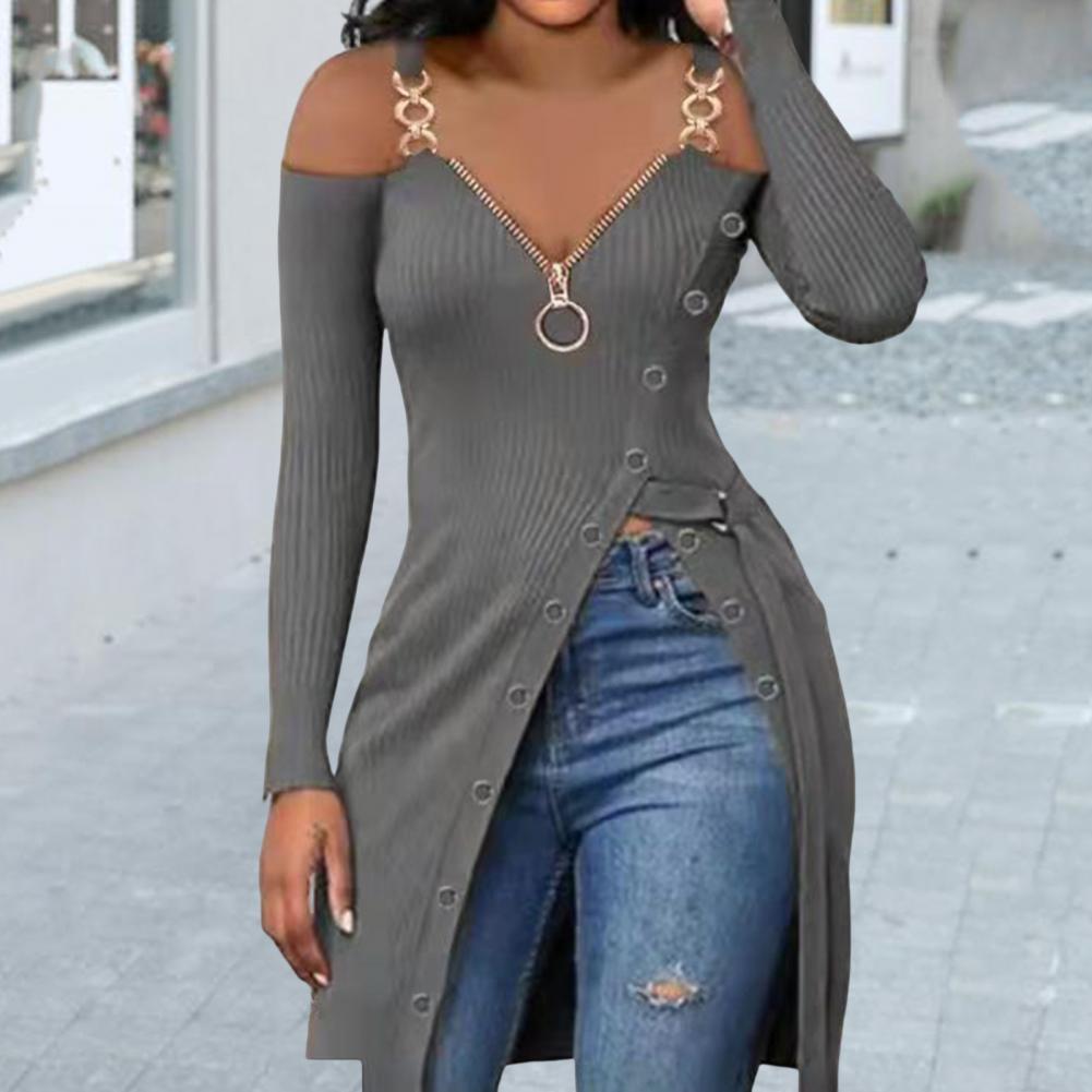 Women Blouse Chain Great Tee Shirt V-neck Breathable High Split Hem Blouse