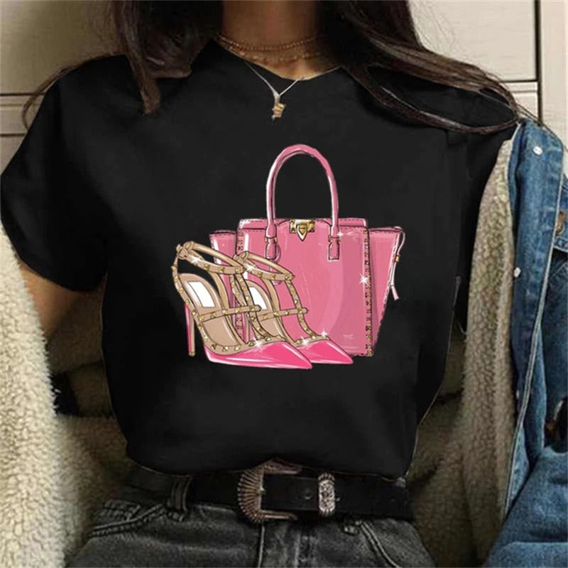 Women High Heels Shoes Print T Shirt