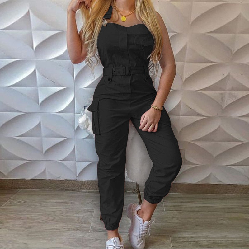 Women Casual Jumpsuit Sleeveless Pocket Belt Bib Overalls