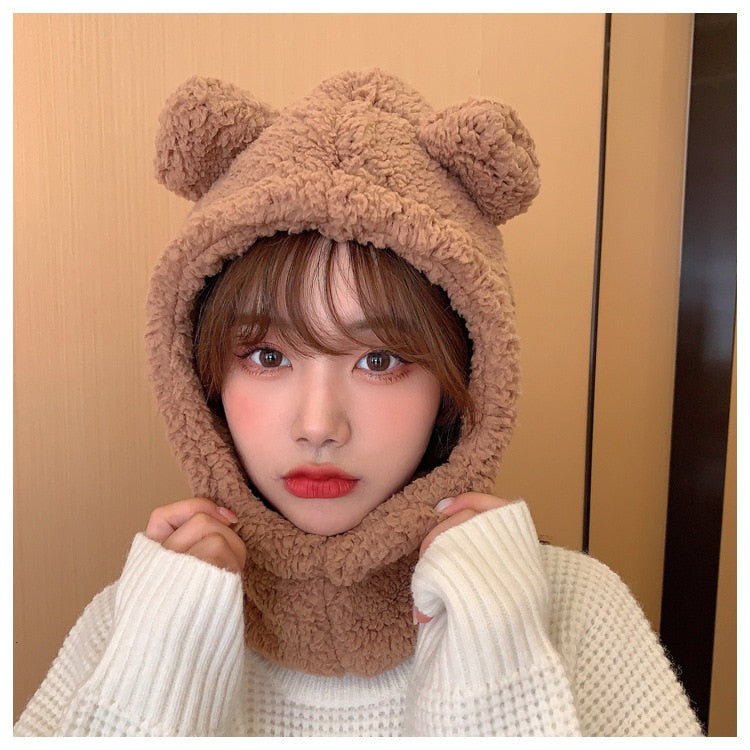 Cartoon Bear Ear Lamb Beanie Hat with Mask Warm Winter Thickened Ear Protection for Women Scarf03 / 56-58cm