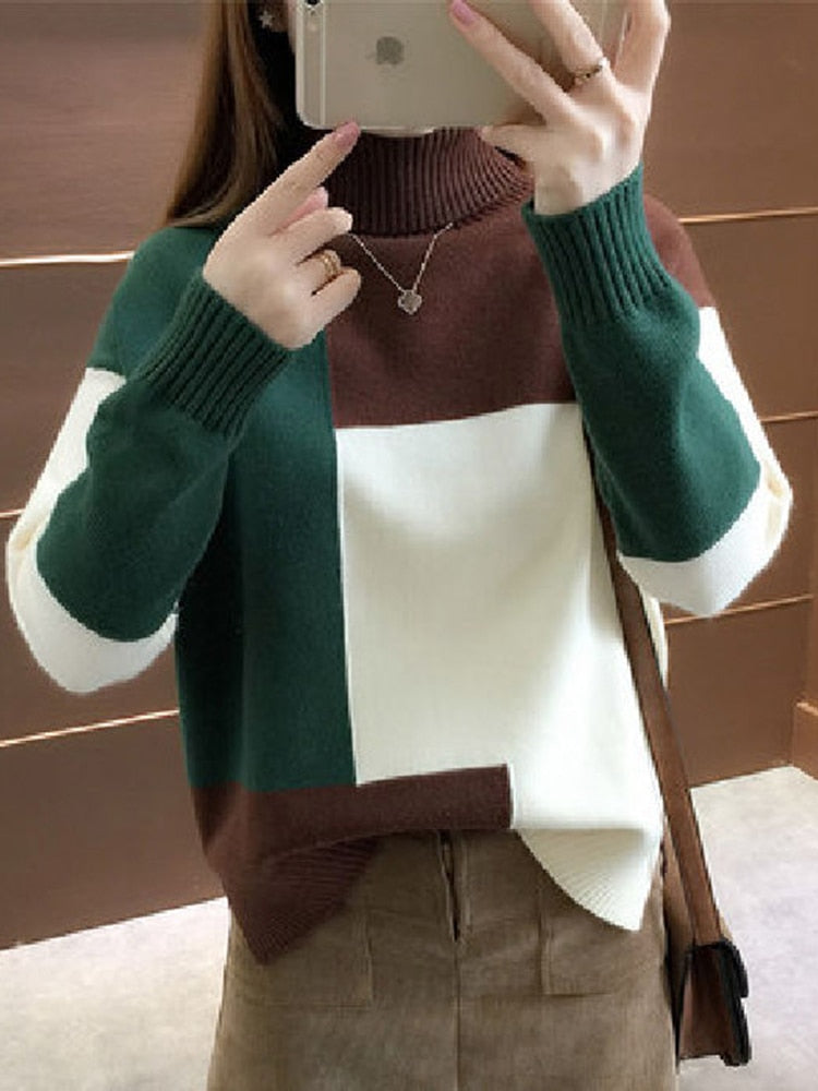 Women Patchwork Pullover Knitted Long Sleeve Sweater