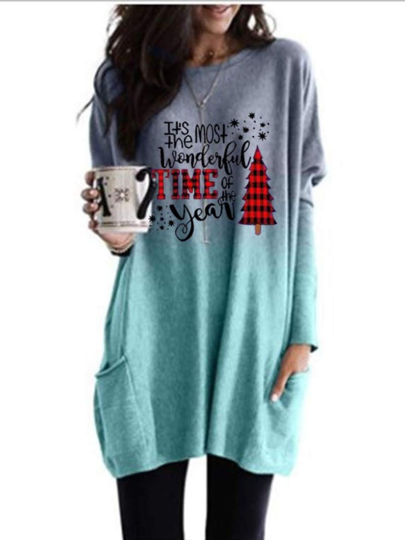 Women New Christmas Print Pocket Long Crew Neck Shirt