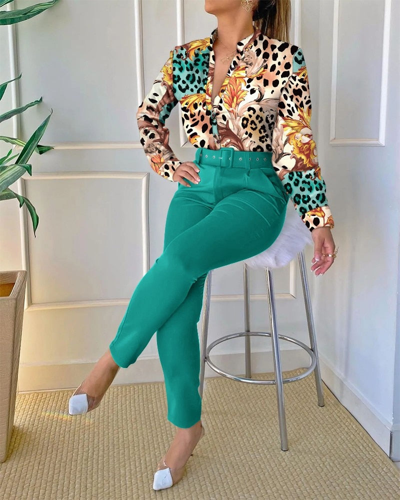 Women Elegant Fashion Print Long Sleeve Top and Pants Set with Belt