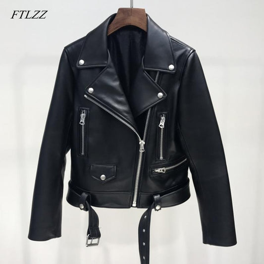 Women Pu Leather Jacket Woman Zipper Belt Short Coat