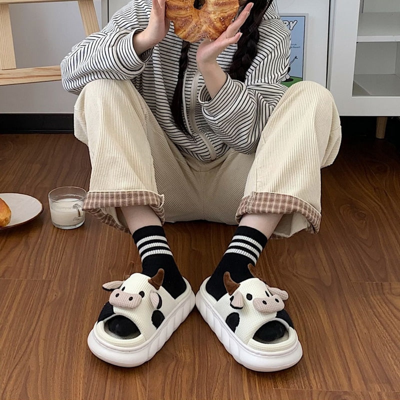 Woman Cartoon Milk Cow House Funny Slippers Shoes