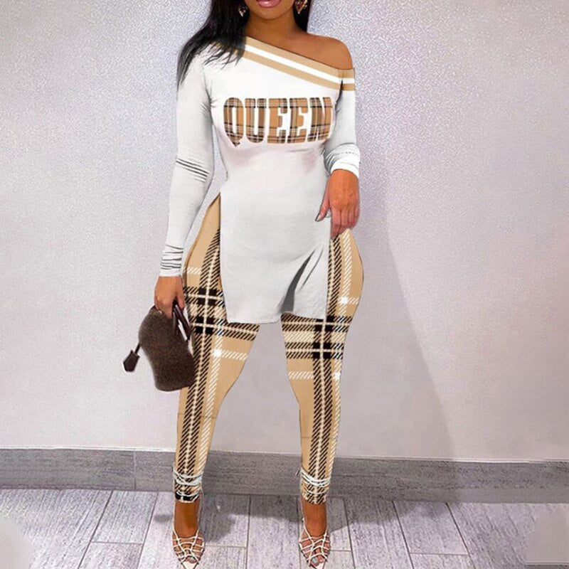 New Women Elegant Two Piece Face Printing Long Sleeve Shirt and Pants Set