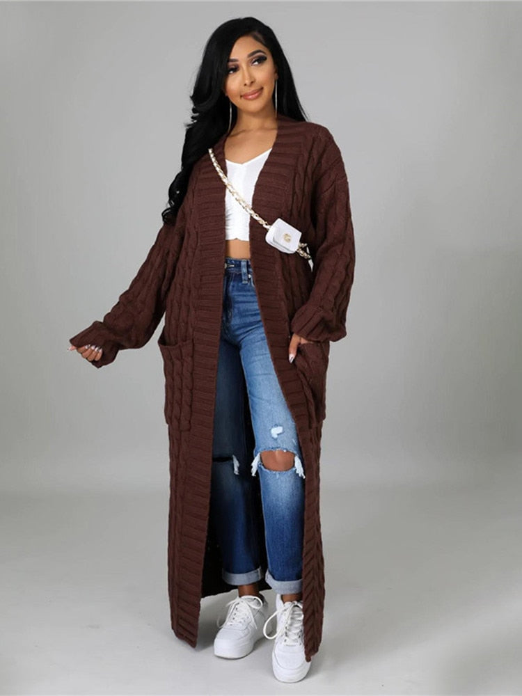 Women Warm Knitted Long Cardigan Sweater Coat With Pockets