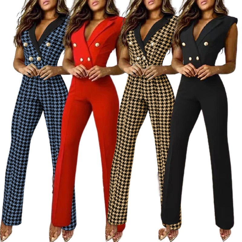 Women Spring V Neck Double Breasted Button Sleeveless Plaid Print  Jumpsuits