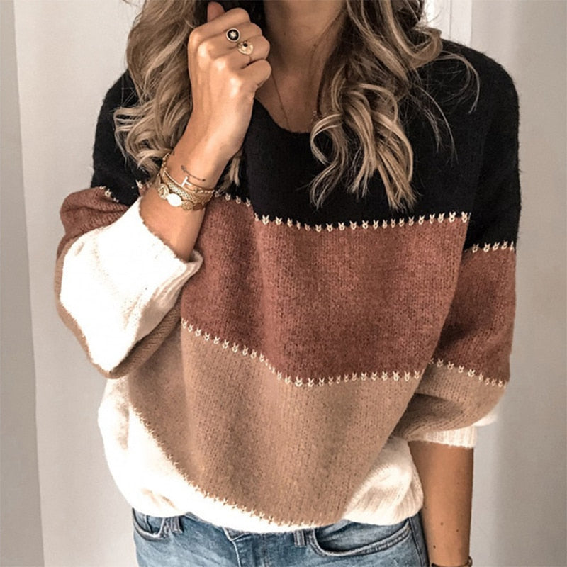 Women Casual Winter Oversized Striped Sweaters Thick Pullover Top