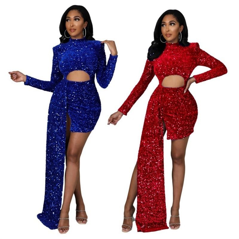 Women Elegant Birthday Party Dresses Sparkly Elegant Glitter Sequin Prom Gown Bodycon Long Ribbons