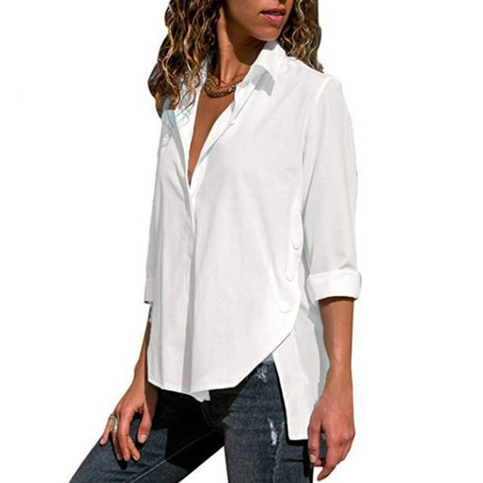 Women Long Sleeve Shirts Turn Down Collar Side Slit Hem Buttoned