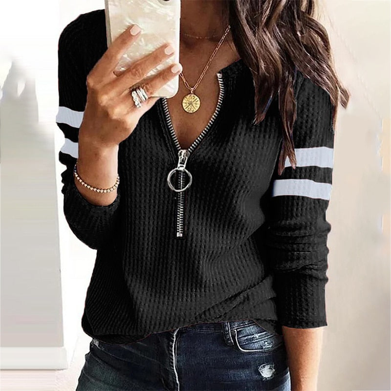 Women Fall Stripe Big Zipper Retro Long Sleeve Sweater