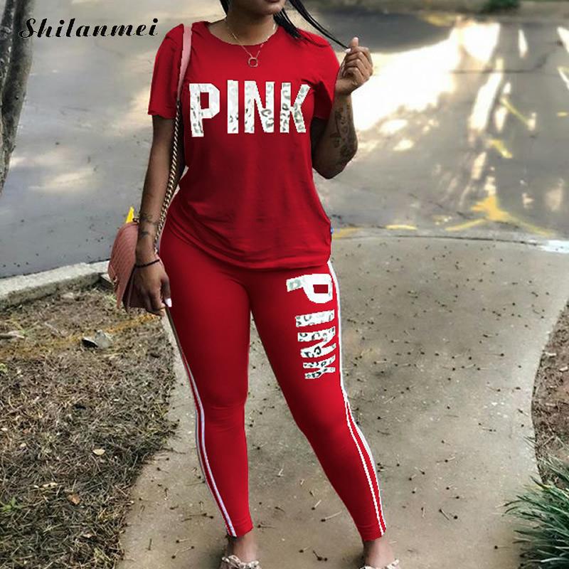 Women New Pink Letter Print Two Piece Sets Tracksuit