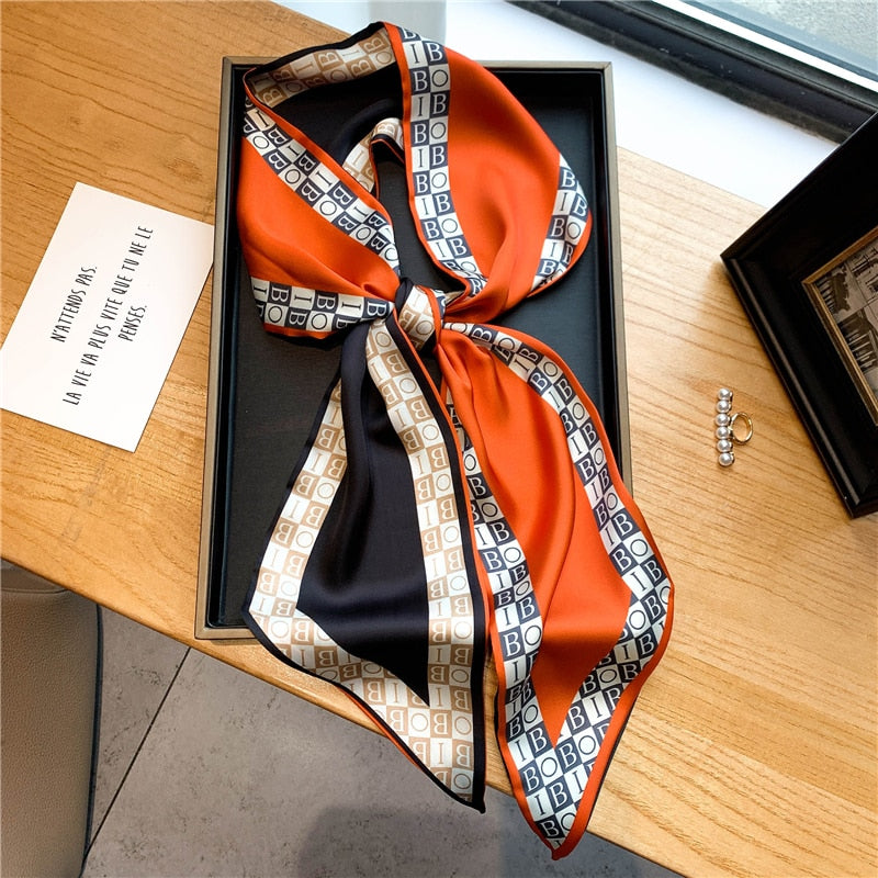 Women Silk Skinny Scarf Luxury Hair Bands Scrunchies Ribbon Lady Wrap Headband Neck Tie Foulard Female Bandana