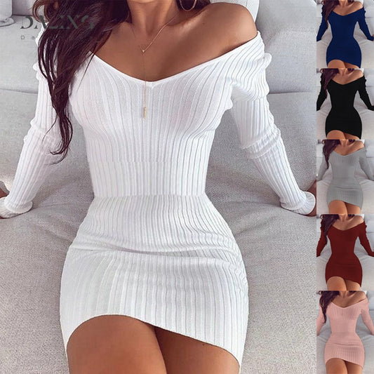 Women Off Shoulder Long Sleeve Bodycon Dress Winter White Knitted Sweater Mini Dresses