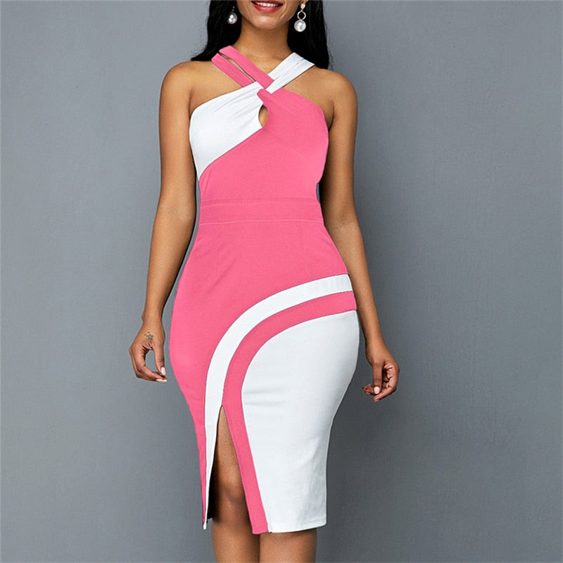 Women Side Slit Halter neck Style Contrasting Colors Printing Sleeveless Dress