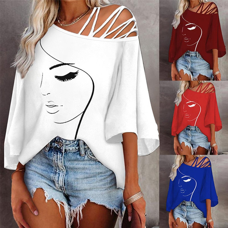 Women Spring Face Abstract Print Off Shoulder Loose Casual Shirt