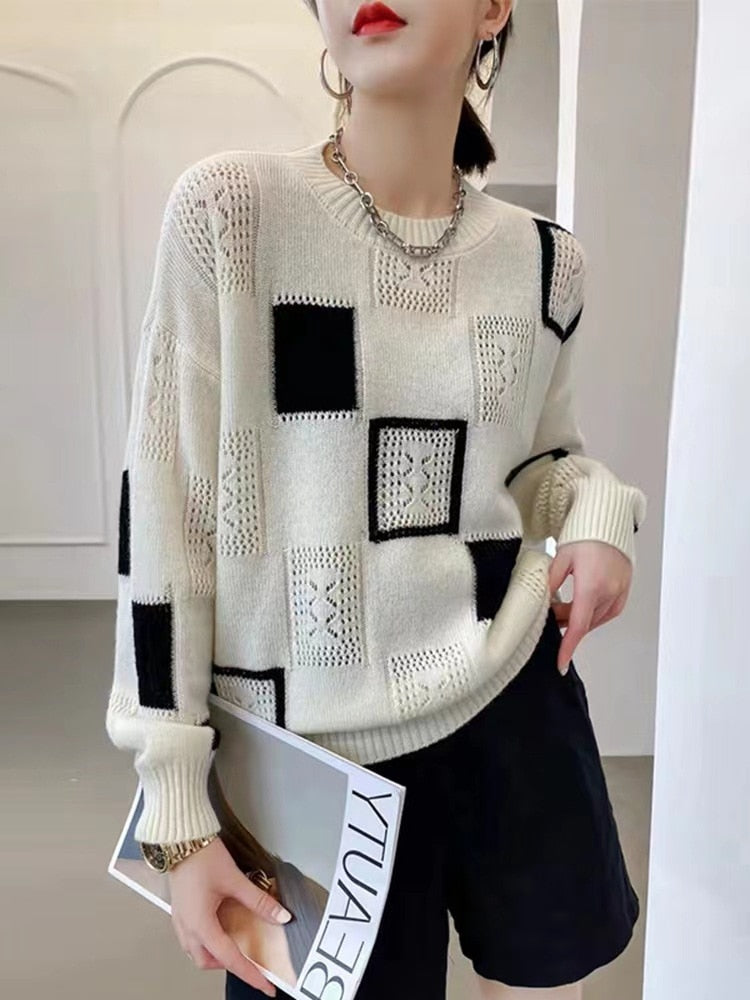 Women Tops Oversized Sweater New Color block Plaid Knitted Pullovers