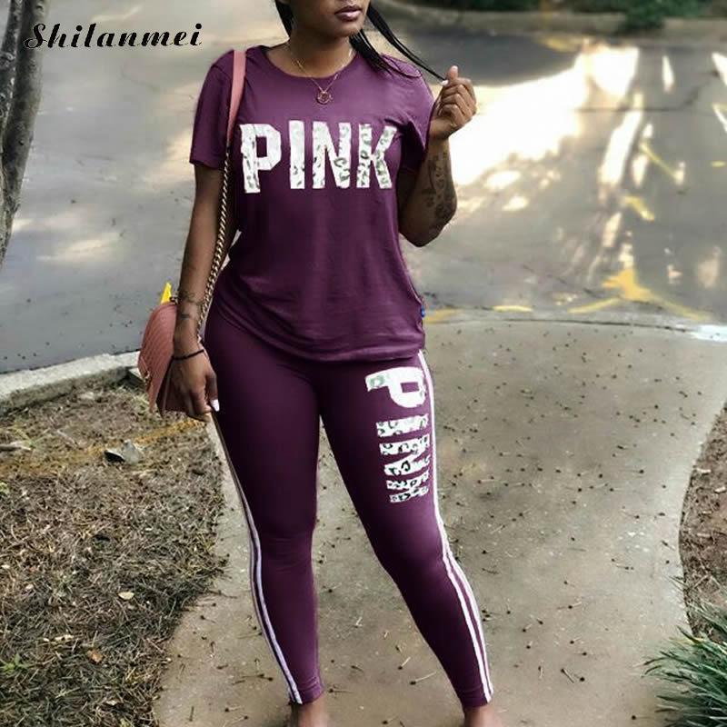 Women New Pink Letter Print Two Piece Sets Tracksuit