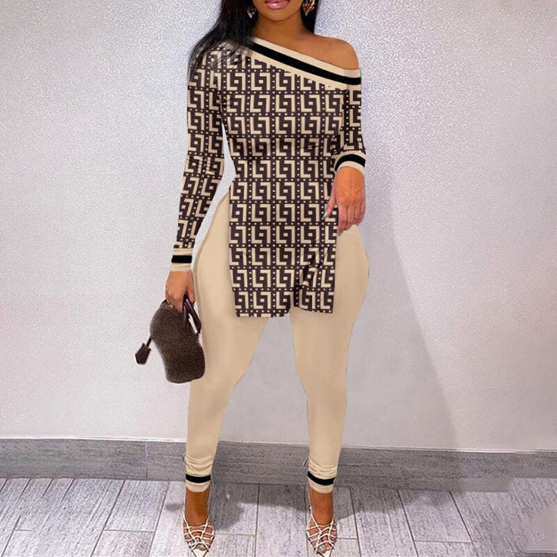 New Women Elegant Two Piece Face Printing Long Sleeve Shirt and Pants Set