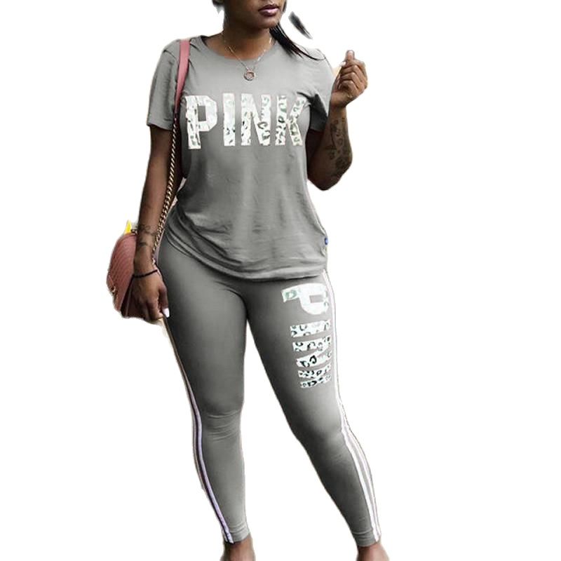 Women New Pink Letter Print Two Piece Sets Tracksuit