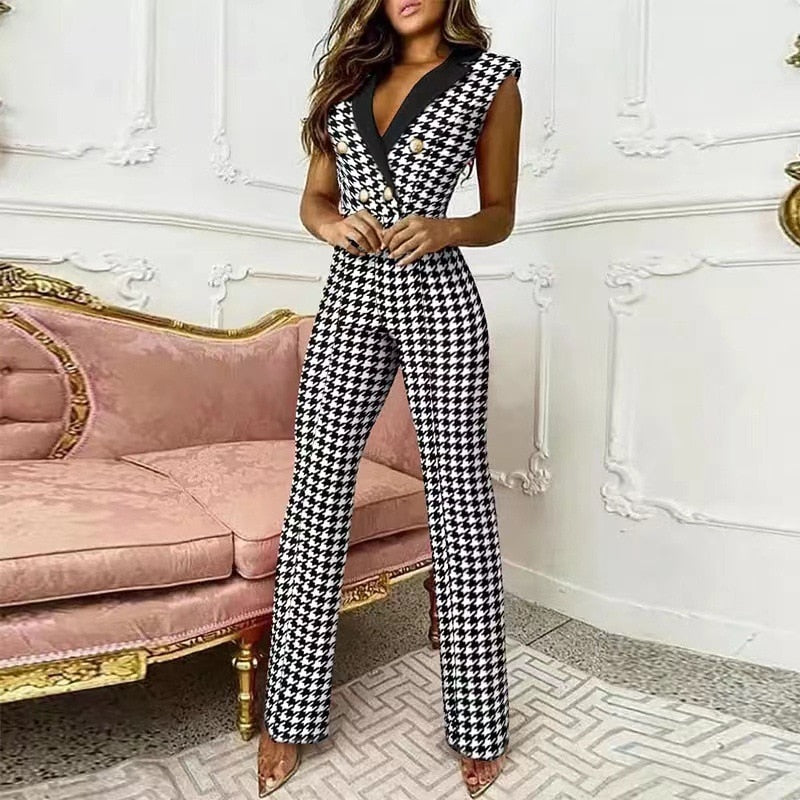 Women Spring V Neck Double Breasted Button Sleeveless Plaid Print  Jumpsuits