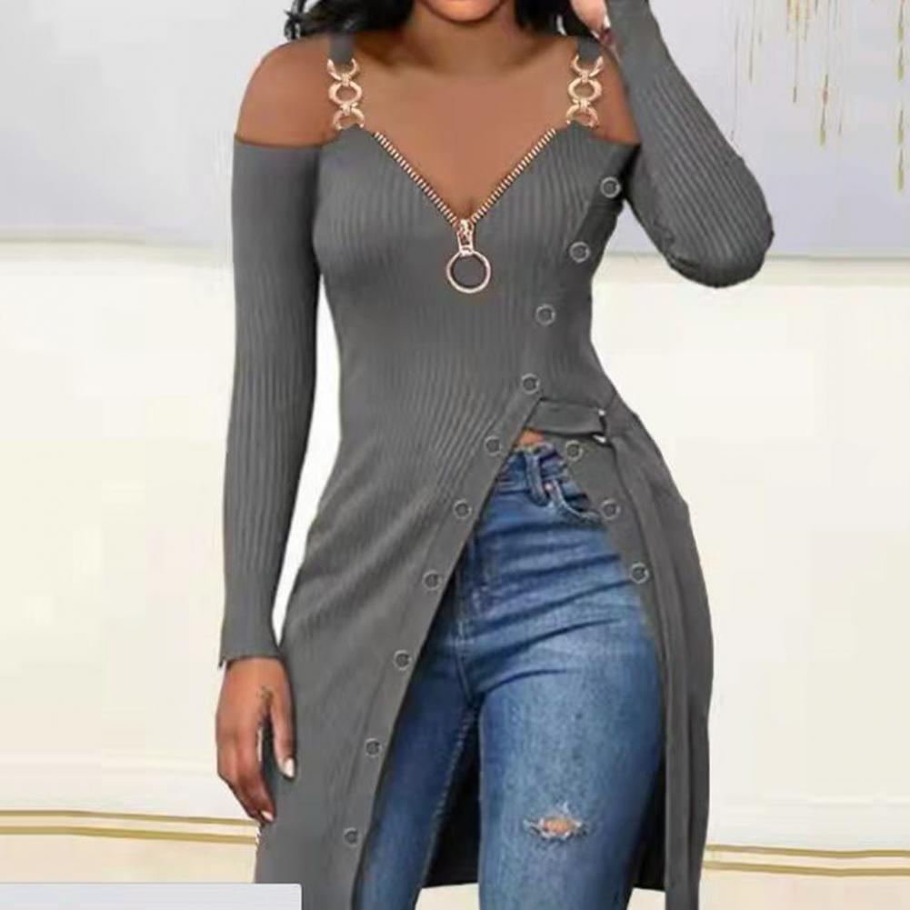 Women Blouse Chain Great Tee Shirt V-neck Breathable High Split Hem Blouse