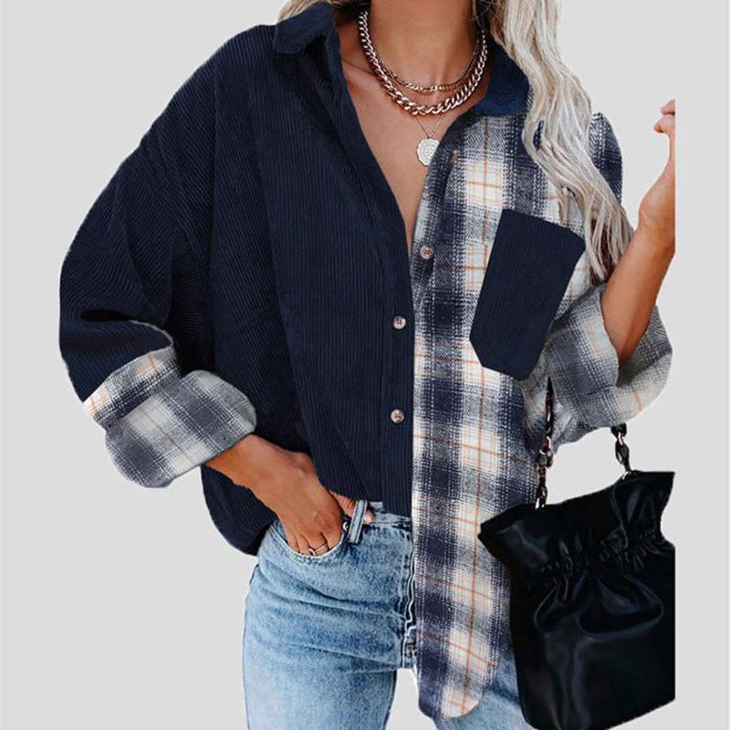 Women Casual Autumn Patchwork Plaid Shirts Loose Button Pocket Blouses