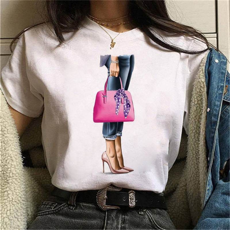 Women High Heels Shoes Print T Shirt