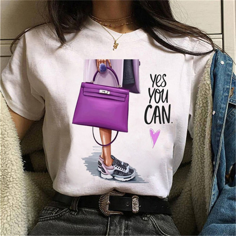 Women High Heels Shoes Print T Shirt