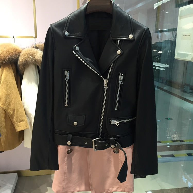 Women Pu Leather Jacket Woman Zipper Belt Short Coat