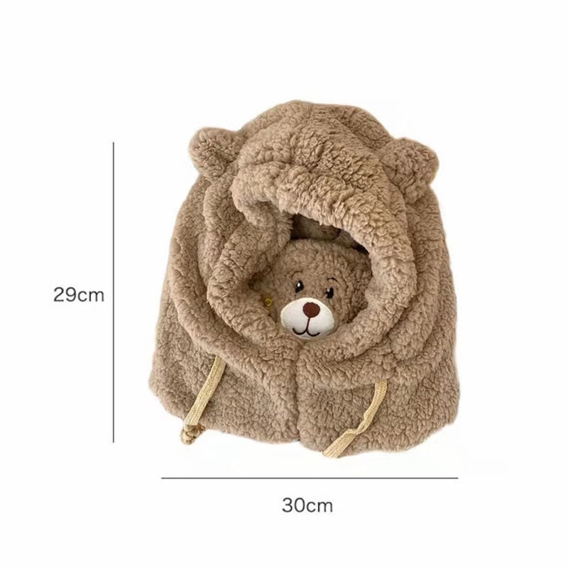 Cartoon Bear Ear Lamb Beanie Hat with Mask Warm Winter Thickened Ear Protection for Women Scarf03 / 56-58cm