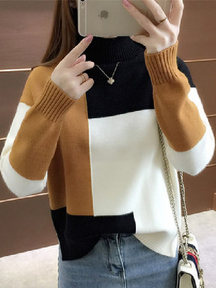 Women Patchwork Pullover Knitted Long Sleeve Sweater