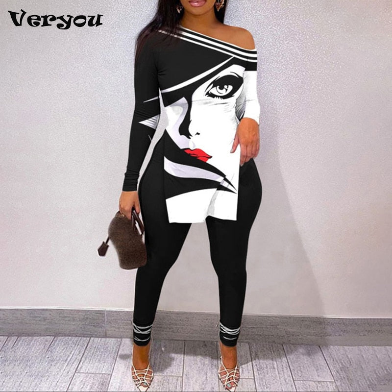 New Women Elegant Two Piece Face Printing Long Sleeve Shirt and Pants Set