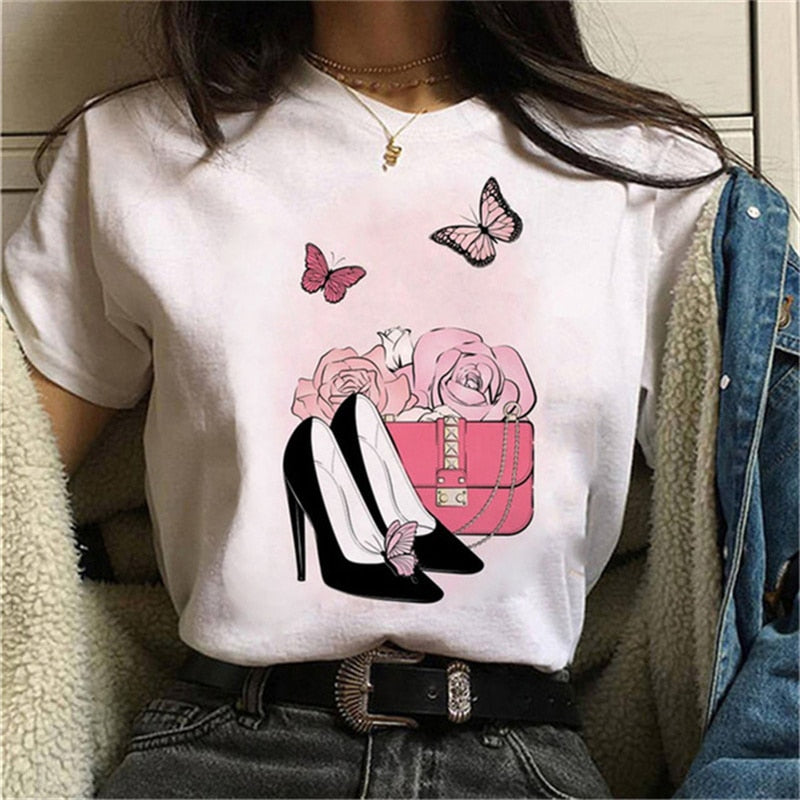 Women High Heels Shoes Print T Shirt