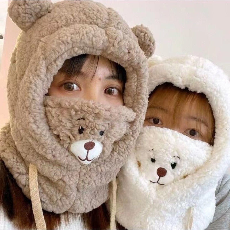 Cartoon Bear Ear Lamb Beanie Hat with Mask Warm Winter Thickened Ear Protection for Women Scarf03 / 56-58cm