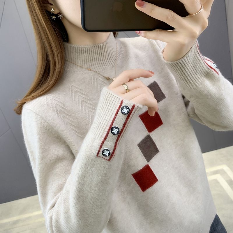 Women Half High Collar Knitted Button Sweater Women New Oversized Casual Pullovers