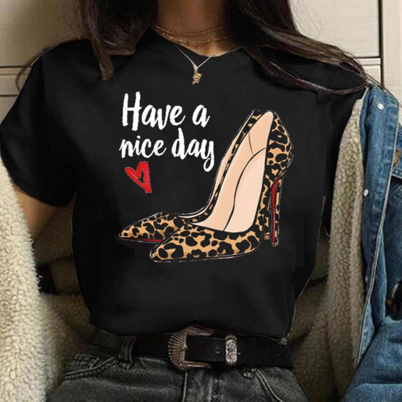 Women High Heels Shoes Print T Shirt