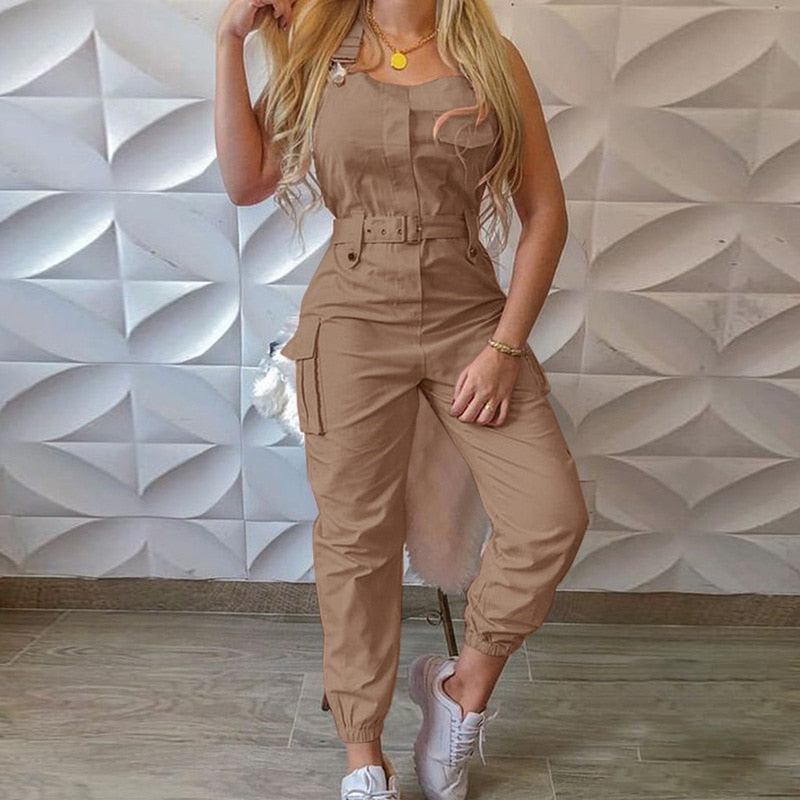 Women Casual Jumpsuit Sleeveless Pocket Belt Bib Overalls