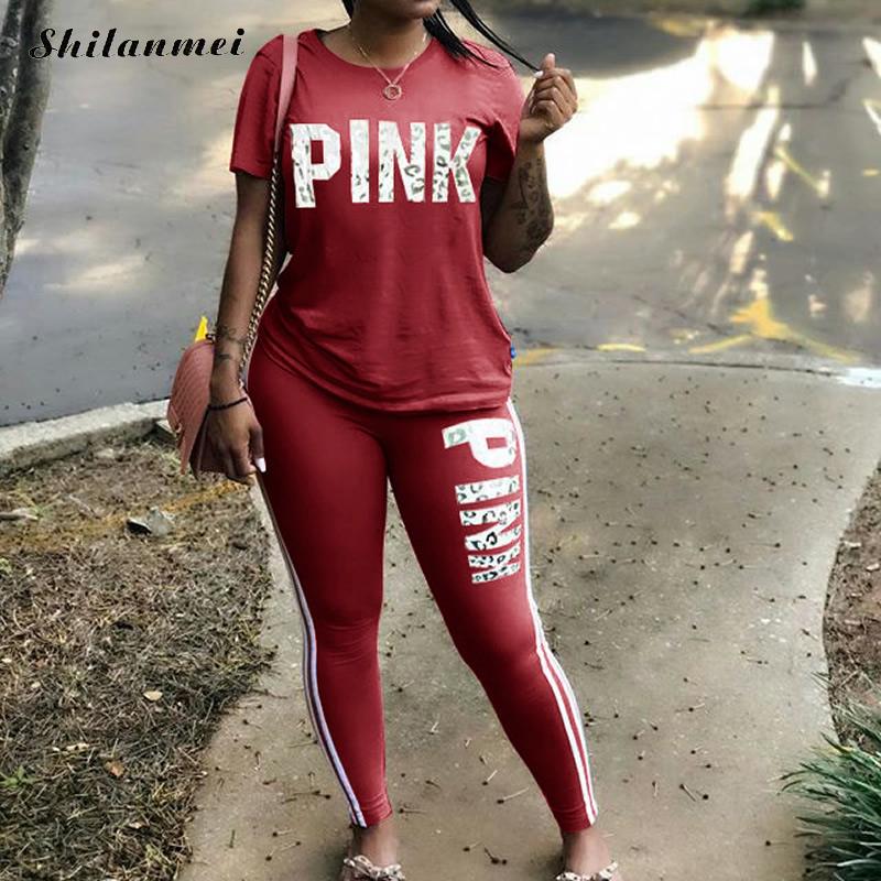 Women New Pink Letter Print Two Piece Sets Tracksuit