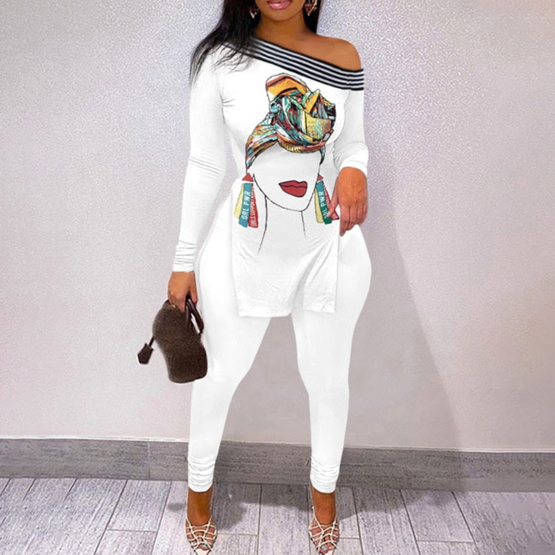 New Women Elegant Two Piece Face Printing Long Sleeve Shirt and Pants Set