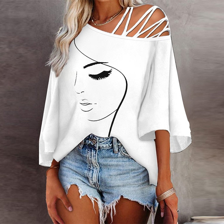 Women Spring Face Abstract Print Off Shoulder Loose Casual Shirt