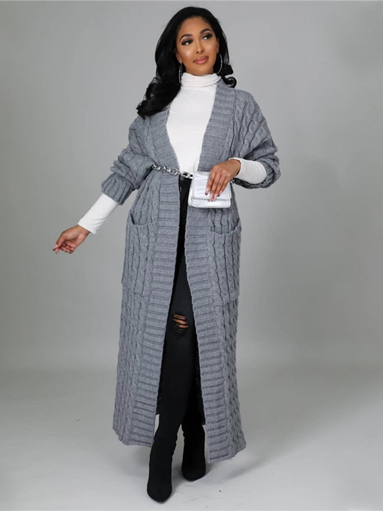 Women Warm Knitted Long Cardigan Sweater Coat With Pockets