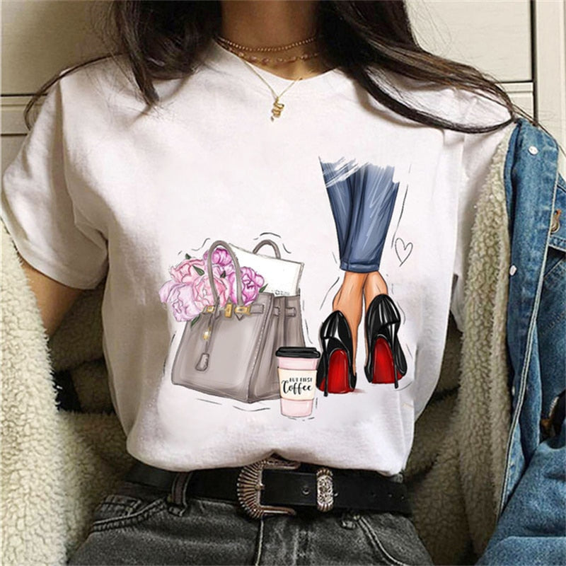 Women High Heels Shoes Print T Shirt