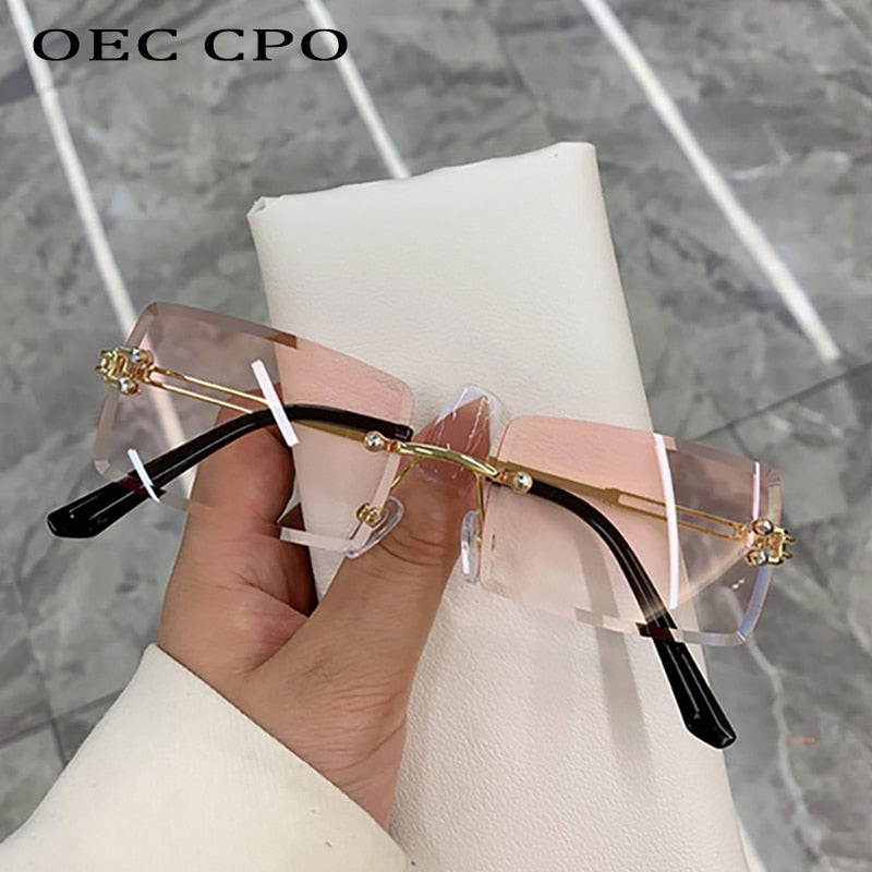 Women Rimless Rectangle Sunglasses UV400