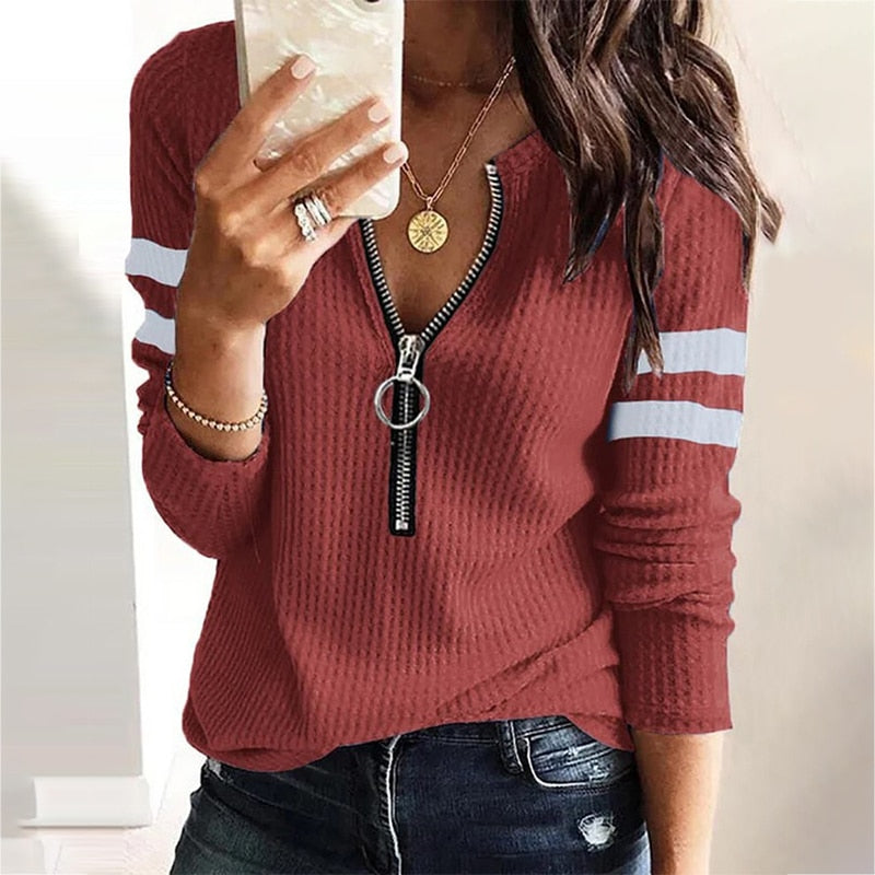 Women Fall Stripe Big Zipper Retro Long Sleeve Sweater