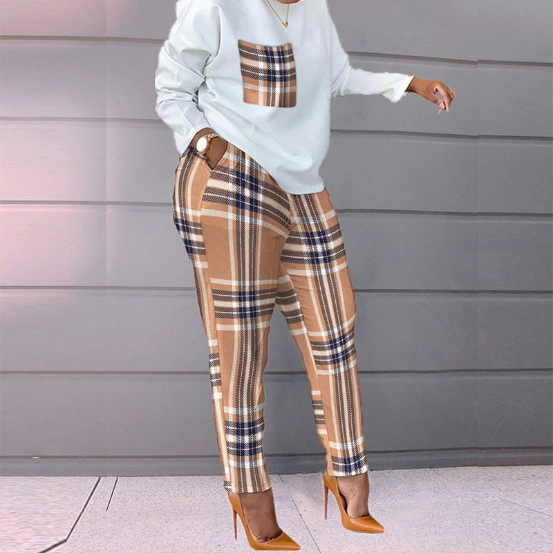 Women Casual Loose 2 Piece Set Drawstring Pockets Plaid Print Long Sleeve Top & Pants Set