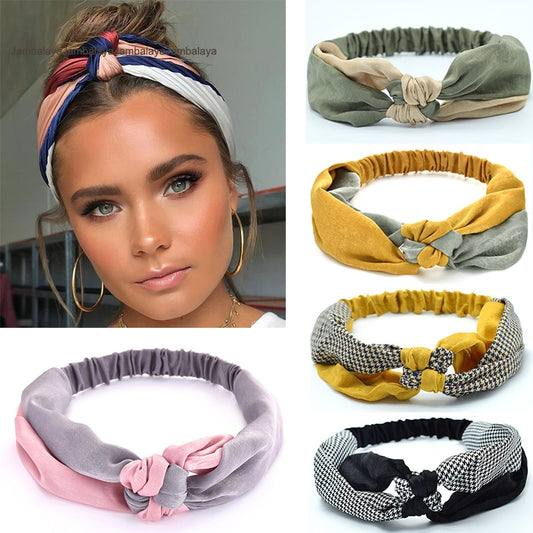 Women Elegant Soft Headband Vintage Cross Knot Elastic Hair Bands Solid